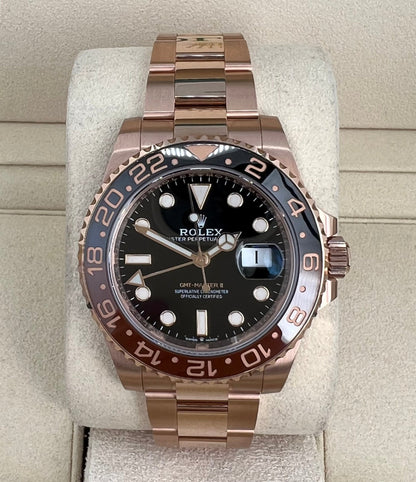 Rolex GMT Master II Rose Gold Black Dial Brown/Black Ceramic Bezel Oyster Bracelet 126715CHNR - Luxury Time NYC