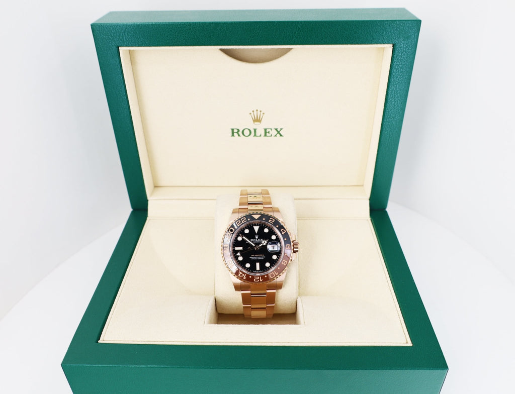 Rolex GMT Master II Rose Gold Black Dial Brown/Black Ceramic Bezel Oyster Bracelet 126715CHNR - Luxury Time NYC
