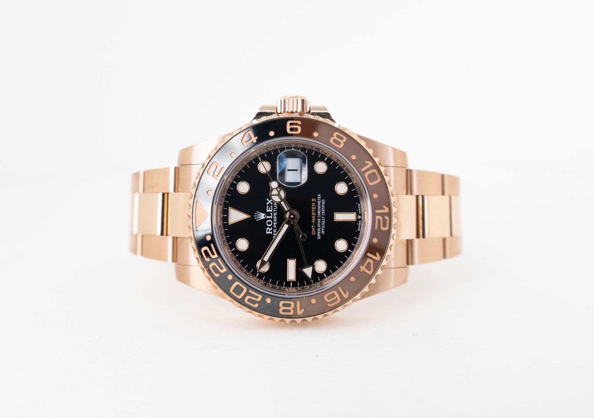 Rolex GMT Master II Rose Gold Black Dial Brown/Black Ceramic Bezel Oyster Bracelet 126715CHNR - Luxury Time NYC