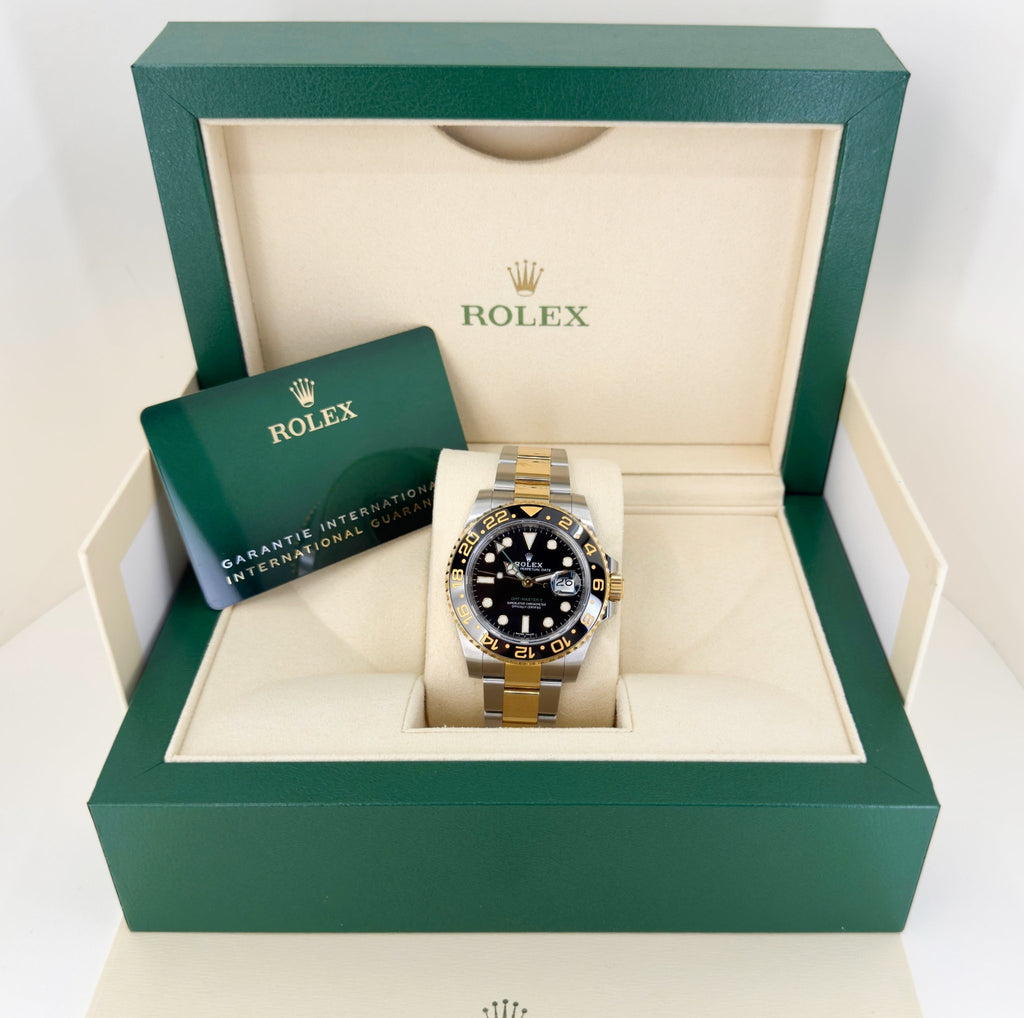 Rolex GMT Master II Yellow Gold/Steel Black Dial Ceramic Bezel Oyster Bracelet 116713LN - Luxury Time NYC