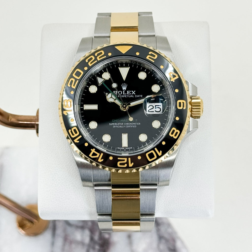 Rolex GMT Master II Yellow Gold/Steel Black Dial Ceramic Bezel Oyster Bracelet 116713LN - Luxury Time NYC