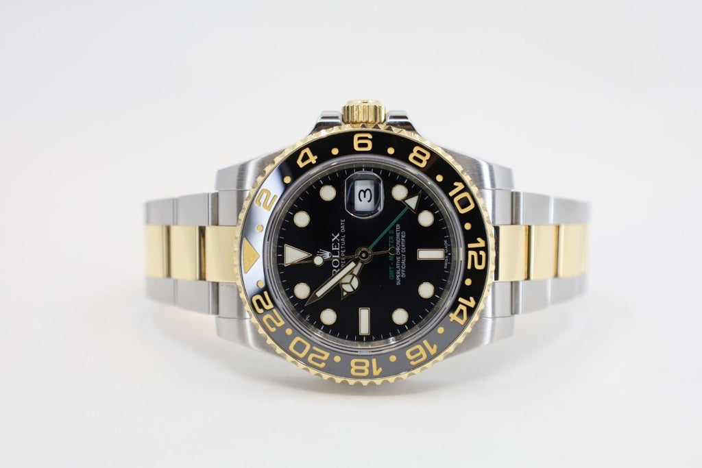 Rolex GMT Master II Yellow Gold/Steel Black Dial Ceramic Bezel Oyster Bracelet 116713LN - Luxury Time NYC INC