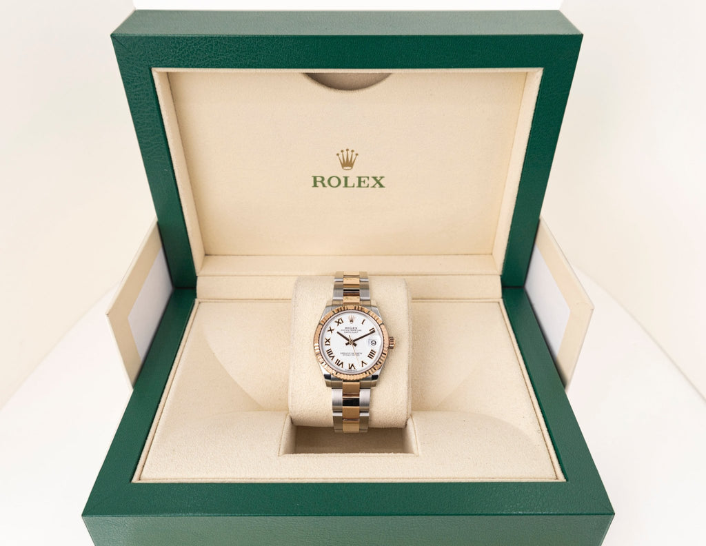 Rolex Lady-Datejust 31 Rose Gold/Steel White Roman Dial & Fluted Bezel Oyster Bracelet 278271 - Luxury Time NYC
