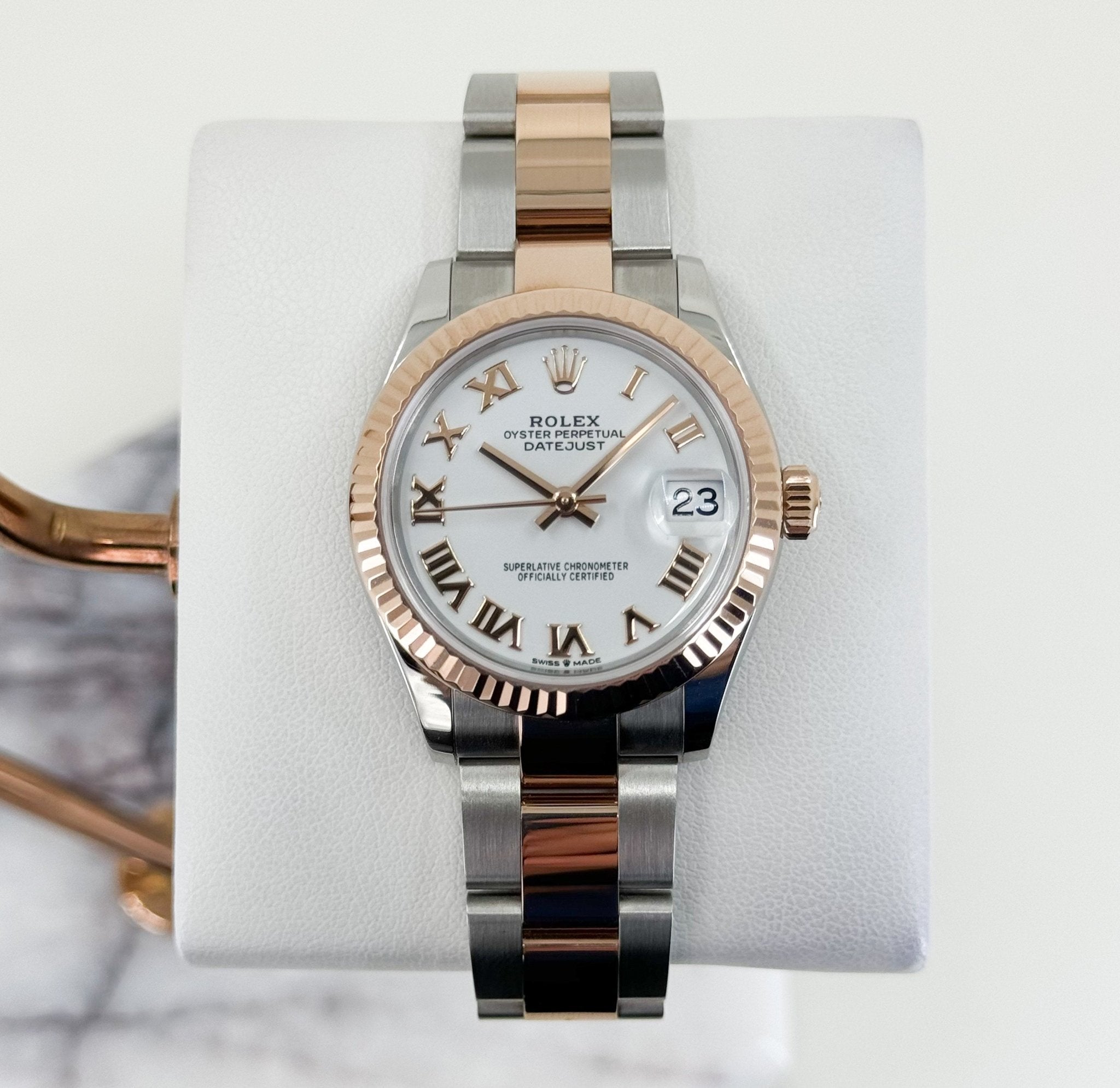 Rolex Lady-Datejust 31 Rose Gold/Steel White Roman Dial & Fluted Bezel Oyster Bracelet 278271 - Luxury Time NYC
