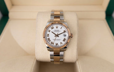 Rolex Lady-Datejust 31 Rose Gold/Steel White Roman Dial & Fluted Bezel Oyster Bracelet 278271 - Luxury Time NYC