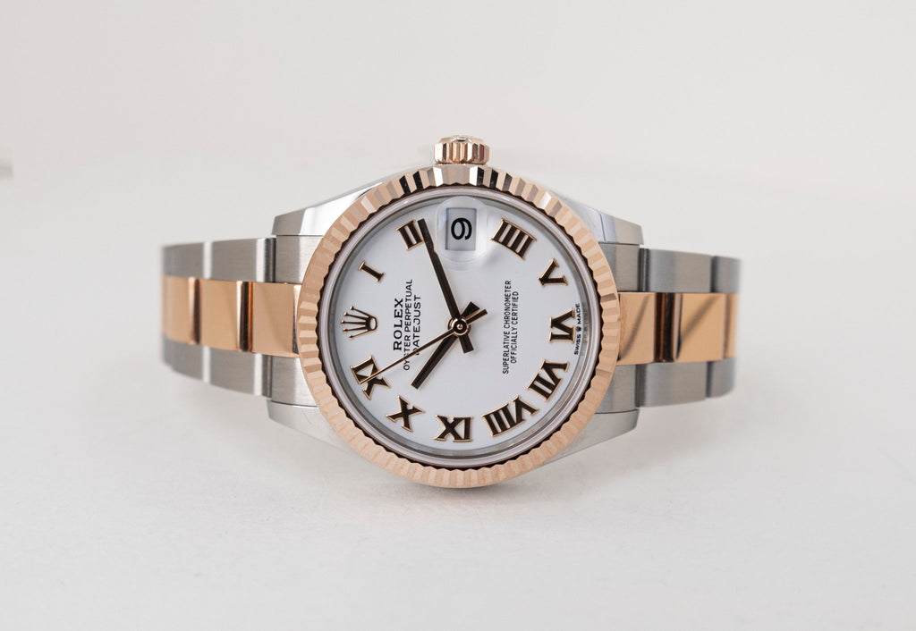 Rolex Lady-Datejust 31 Rose Gold/Steel White Roman Dial & Fluted Bezel Oyster Bracelet 278271 - Luxury Time NYC