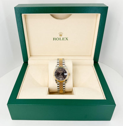 Rolex Lady-Datejust 31 Yellow Gold/Steel Dark Grey Roman Diamond VI Dial & Fluted Bezel Jubilee Bracelet 278273 - Luxury Time NYC