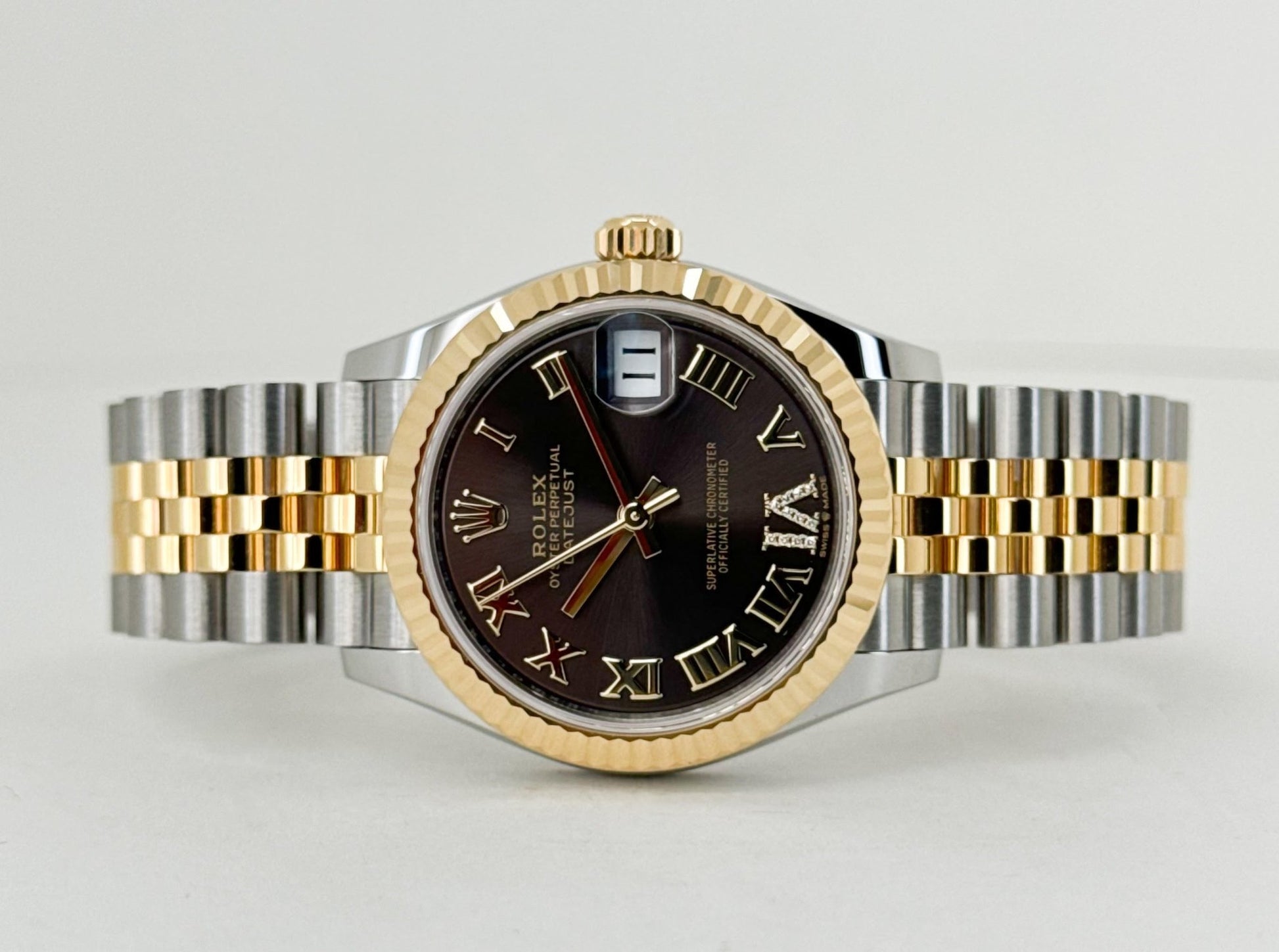 Rolex Lady-Datejust 31 Yellow Gold/Steel Dark Grey Roman Diamond VI Dial & Fluted Bezel Jubilee Bracelet 278273 - Luxury Time NYC