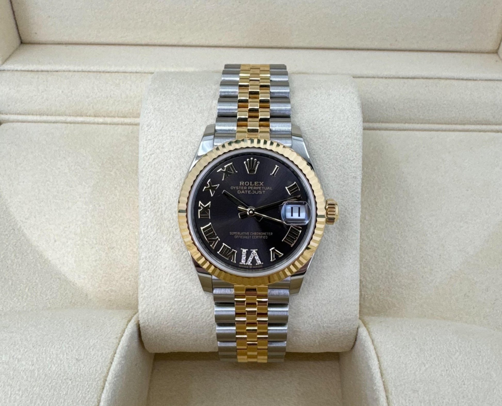 Rolex Lady-Datejust 31 Yellow Gold/Steel Dark Grey Roman Diamond VI Dial & Fluted Bezel Jubilee Bracelet 278273 - Luxury Time NYC