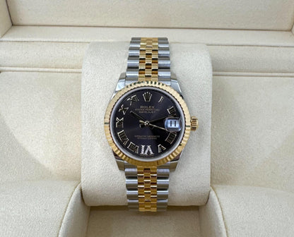 Rolex Lady-Datejust 31 Yellow Gold/Steel Dark Grey Roman Diamond VI Dial & Fluted Bezel Jubilee Bracelet 278273 - Luxury Time NYC