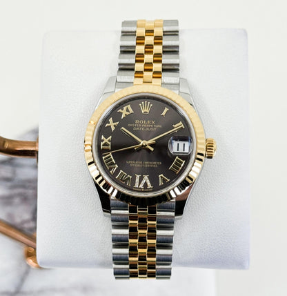 Rolex Lady-Datejust 31 Yellow Gold/Steel Dark Grey Roman Diamond VI Dial & Fluted Bezel Jubilee Bracelet 278273 - Luxury Time NYC