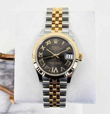Rolex Lady-Datejust 31 Yellow Gold/Steel Dark Grey Roman Diamond VI Dial & Fluted Bezel Jubilee Bracelet 278273 - Luxury Time NYC