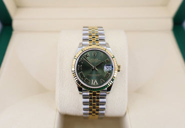 Rolex Lady-Datejust 31 Yellow Gold/Steel Olive Green Roman Diamond VI Dial & Fluted Bezel Jubilee Bracelet 278273 - Luxury Time NYC