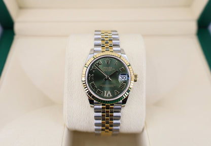 Rolex Lady-Datejust 31 Yellow Gold/Steel Olive Green Roman Diamond VI Dial & Fluted Bezel Jubilee Bracelet 278273 - Luxury Time NYC