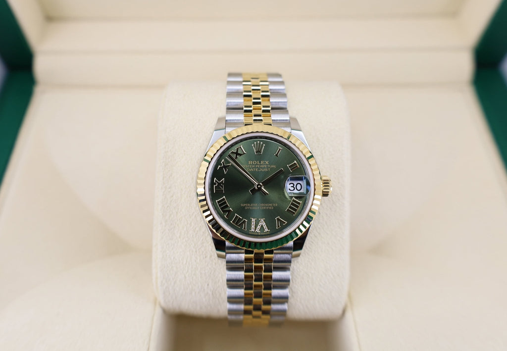 Rolex Lady-Datejust 31 Yellow Gold/Steel Olive Green Roman Diamond VI Dial & Fluted Bezel Jubilee Bracelet 278273 - Luxury Time NYC