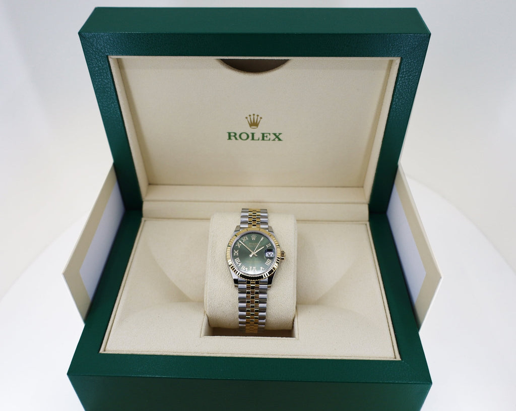 Rolex Lady-Datejust 31 Yellow Gold/Steel Olive Green Roman Diamond VI Dial & Fluted Bezel Jubilee Bracelet 278273 - Luxury Time NYC