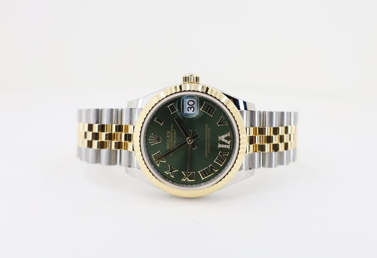 Rolex Lady-Datejust 31 Yellow Gold/Steel Olive Green Roman Diamond VI Dial & Fluted Bezel Jubilee Bracelet 278273 - Luxury Time NYC