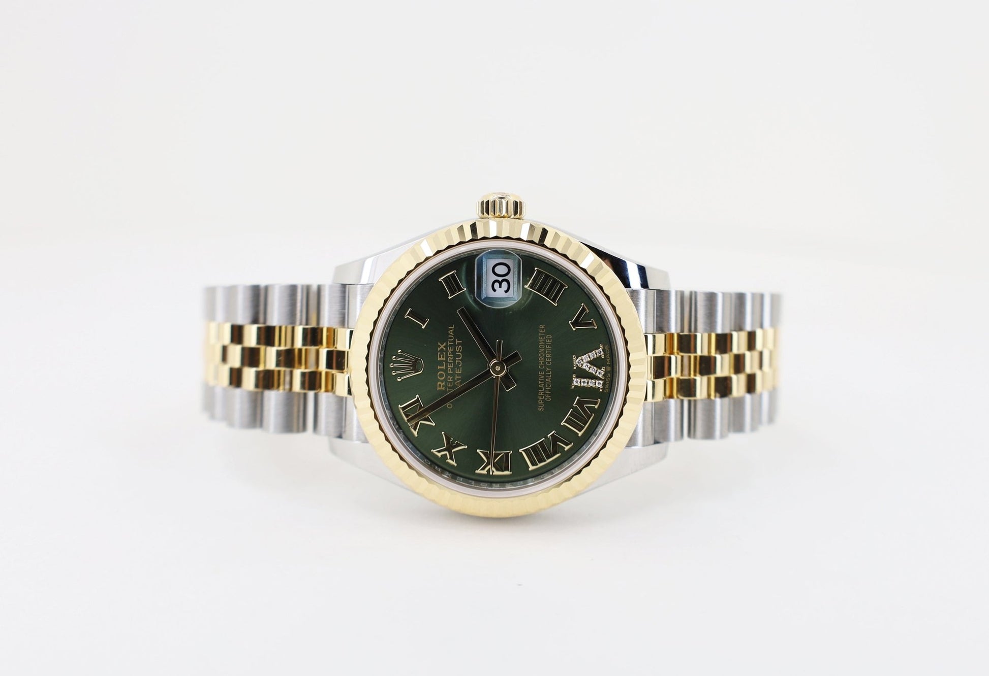 Rolex Lady-Datejust 31 Yellow Gold/Steel Olive Green Roman Diamond VI Dial & Fluted Bezel Jubilee Bracelet 278273 - Luxury Time NYC