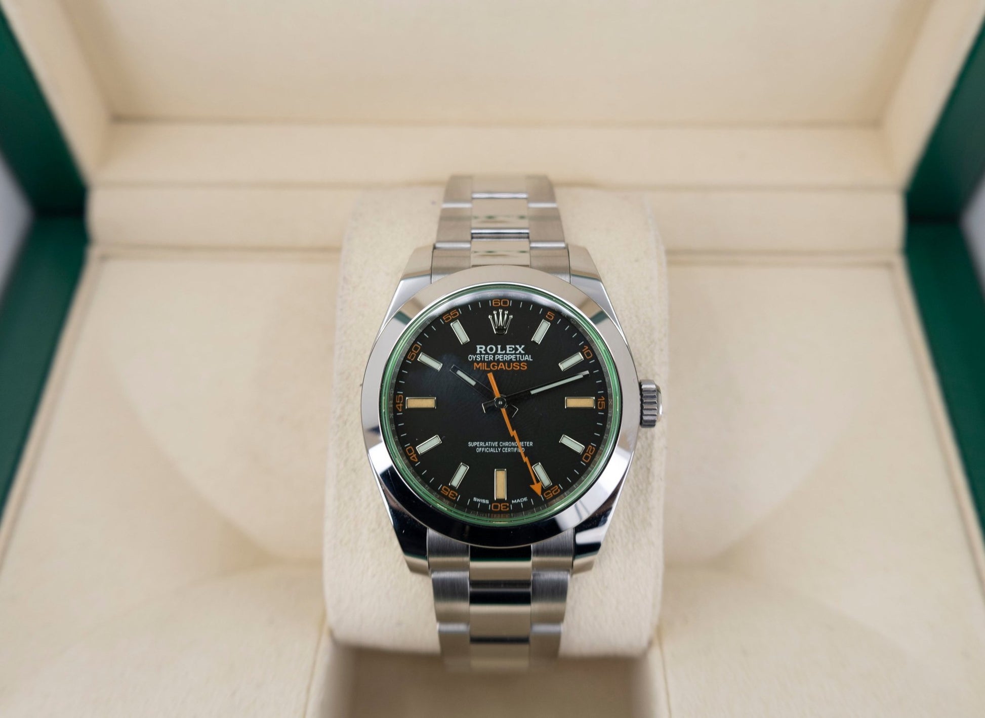 Rolex Milgauss Green Crystal Stainless Steel Black Dial Smooth Bezel Oyster Bracelet 116400GV - Luxury Time NYC