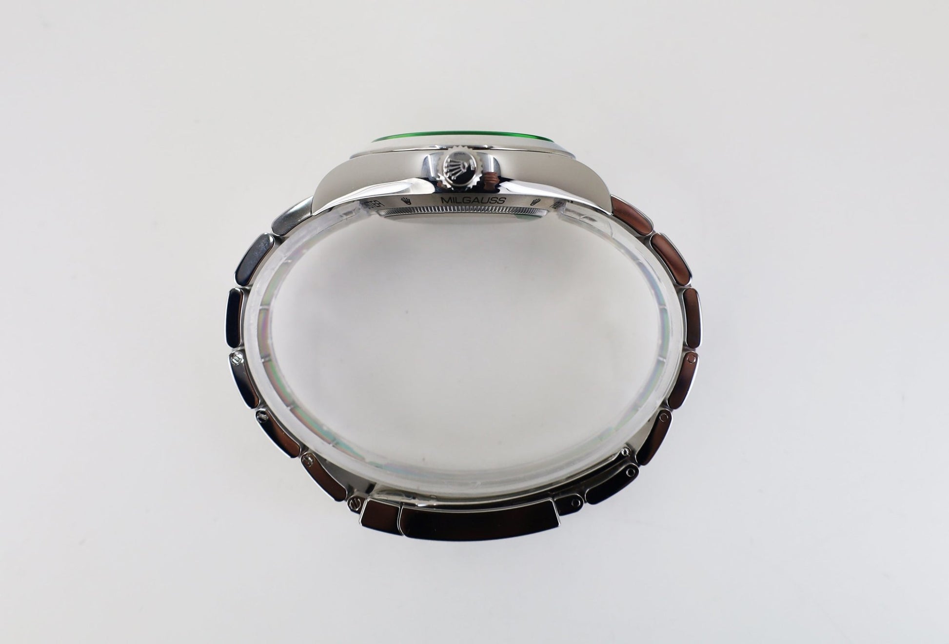 Rolex Milgauss Green Crystal Stainless Steel Black Dial Smooth Bezel Oyster Bracelet 116400GV - Luxury Time NYC