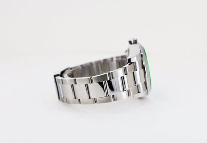 Rolex Milgauss Green Crystal Stainless Steel Black Dial Smooth Bezel Oyster Bracelet 116400GV - Luxury Time NYC
