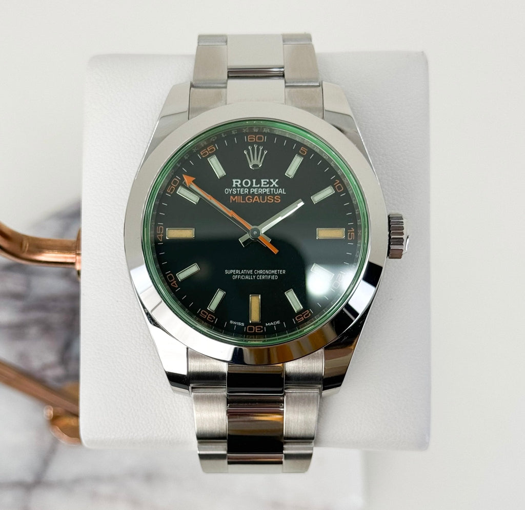 Rolex Milgauss Green Crystal Stainless Steel Black Dial Smooth Bezel Oyster Bracelet 116400GV - Luxury Time NYC