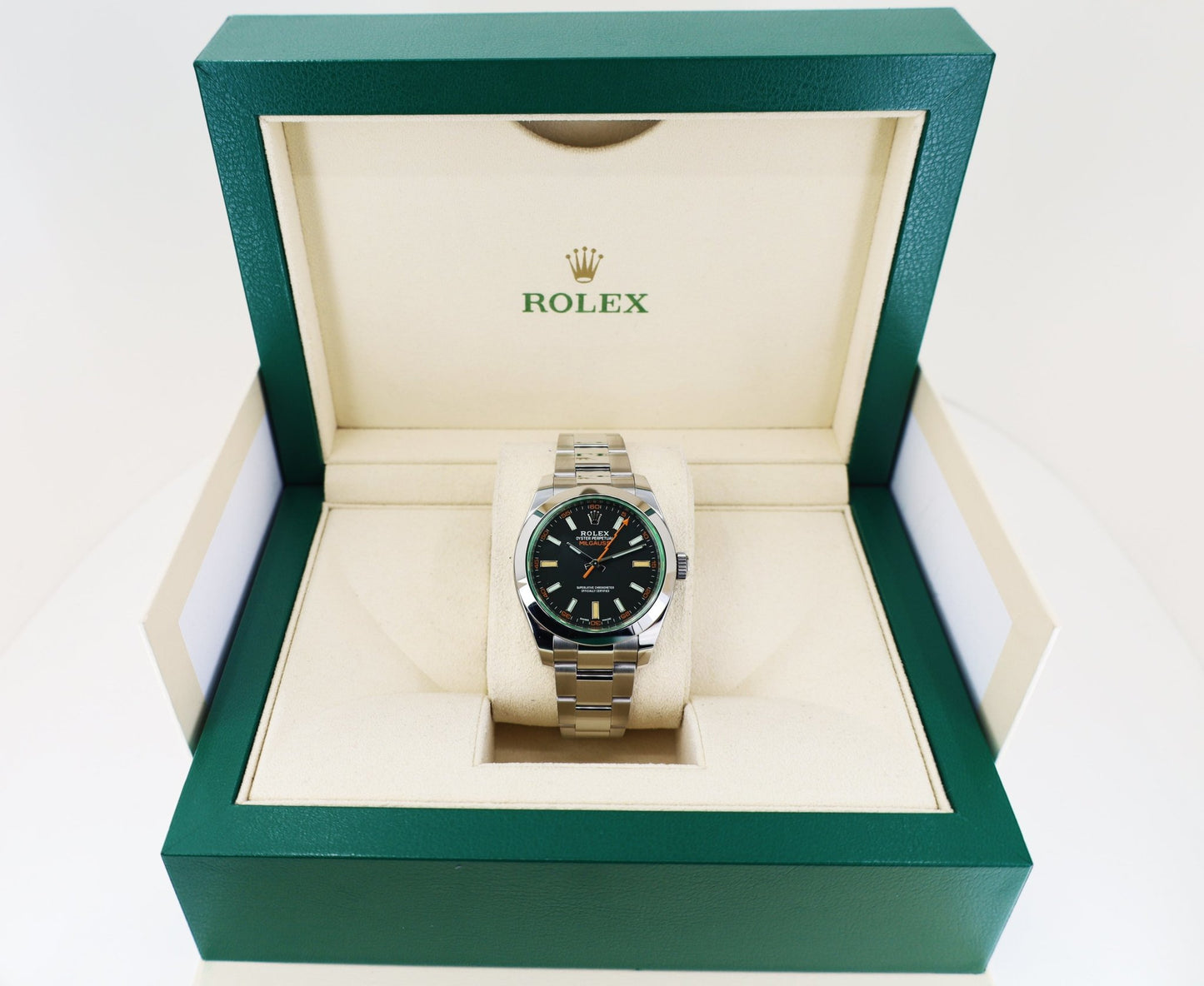 Rolex Milgauss Green Crystal Stainless Steel Black Dial Smooth Bezel Oyster Bracelet 116400GV - Luxury Time NYC