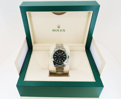Rolex Milgauss Green Crystal Stainless Steel Black Dial Smooth Bezel Oyster Bracelet 116400GV - Luxury Time NYC
