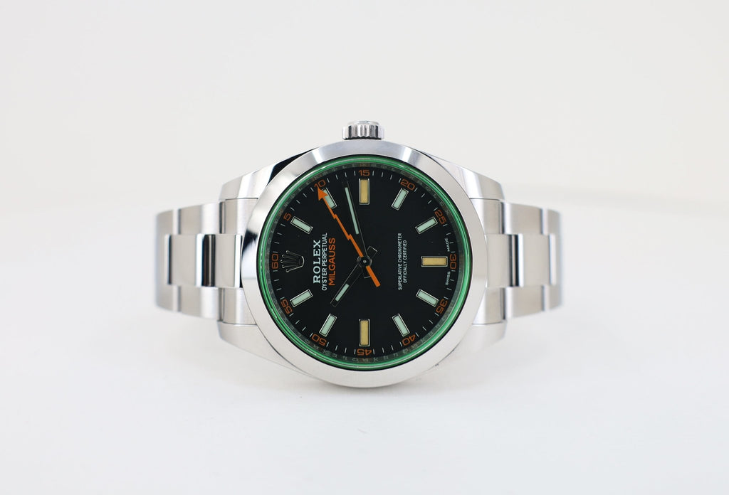 Rolex Milgauss Green Crystal Stainless Steel Black Dial Smooth Bezel Oyster Bracelet 116400GV - Luxury Time NYC