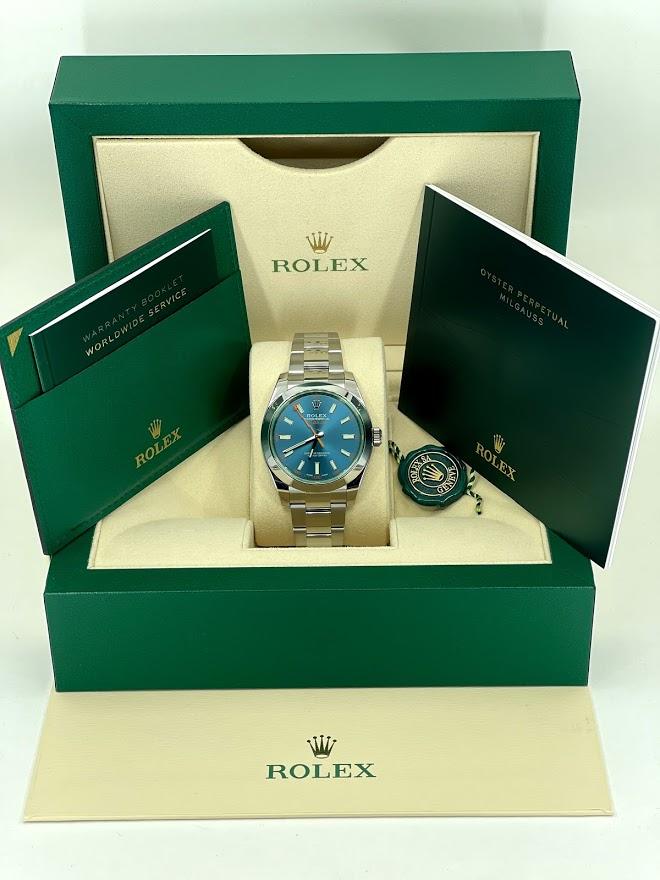 Rolex Milgauss Green Crystal Stainless Steel Blue Dial & Bezel Oyster Bracelet 116400GV - Luxury Time NYC INC