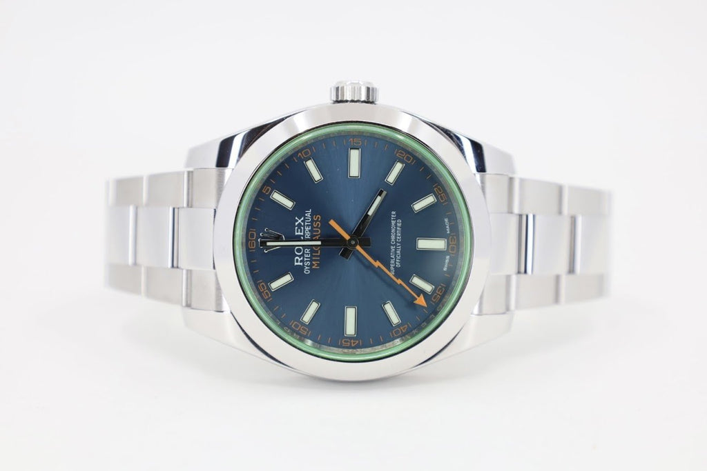 Rolex Milgauss Green Crystal Stainless Steel Blue Dial & Bezel Oyster Bracelet 116400GV - Luxury Time NYC INC