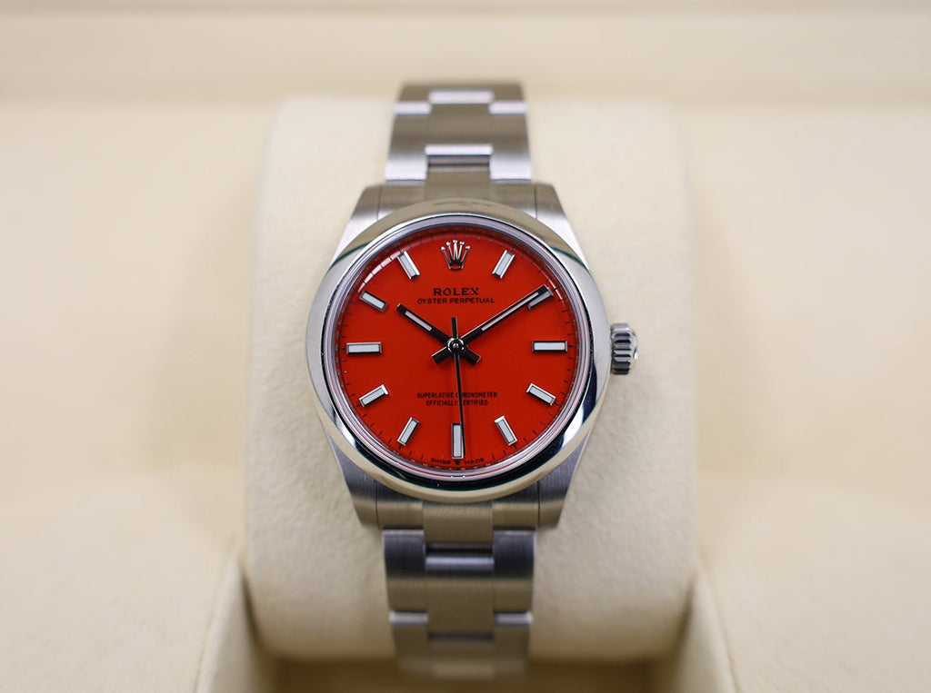 Rolex Oyster Perpetual 31 Watch - Domed Bezel - Coral Red Index Dial - Oyster Bracelet - 2020 Release - 277200 reio - Luxury Time NYC