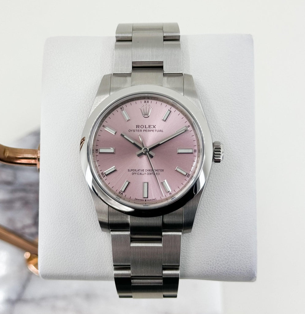 Rolex Oyster Perpetual 34 Watch - Domed Bezel - Pink Index Dial - Oyster Bracelet - 2020 Release - 124200 pio - Luxury Time NYC