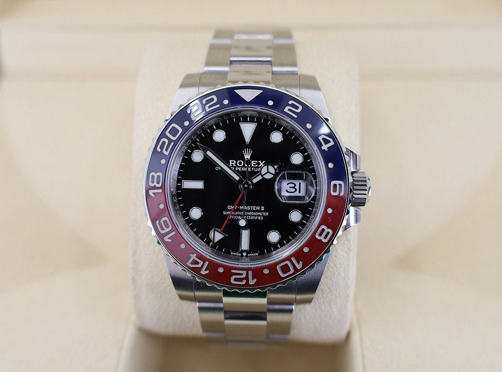 Rolex Rolex Steel GMT-Master II 40 Watch - Blue And Red Pepsi Bezel - Black Dial - Oyster Bracelet - 126710BLRO o - Luxury Time NYC