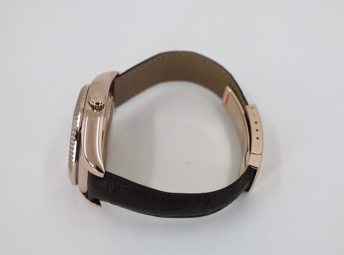 Rolex Sky-Dweller Rose Gold Dark Rhodium Index Dial Fluted Bezel Leather Strap 326135 - Luxury Time NYC