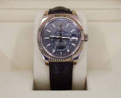 Rolex Sky-Dweller Rose Gold Dark Rhodium Index Dial Fluted Bezel Leather Strap 326135 - Luxury Time NYC