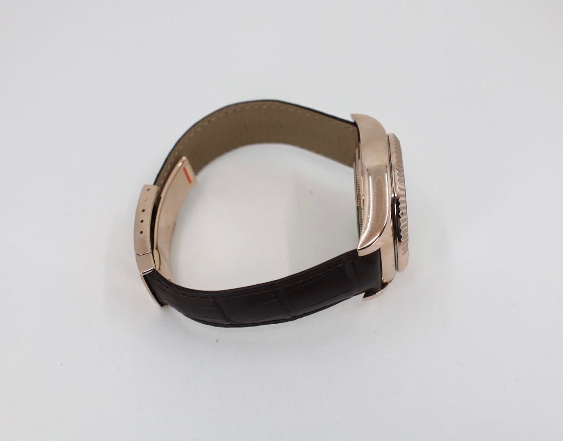 Rolex Sky-Dweller Rose Gold Dark Rhodium Index Dial Fluted Bezel Leather Strap 326135 - Luxury Time NYC