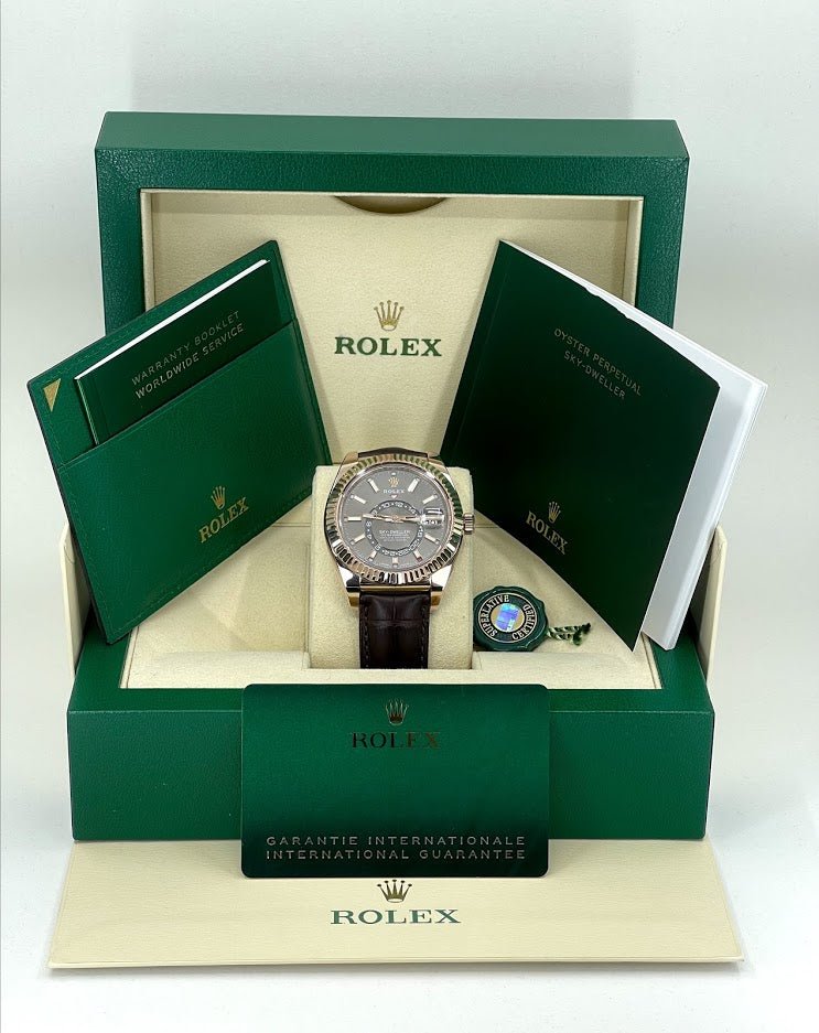 Rolex Sky-Dweller Rose Gold Dark Rhodium Index Dial Fluted Bezel Leather Strap 326135 - Luxury Time NYC