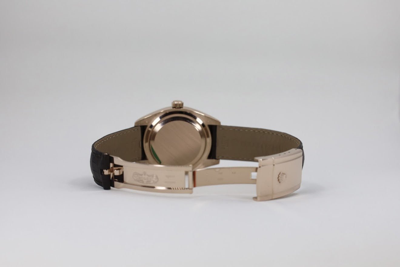 Rolex Sky-Dweller Rose Gold Dark Rhodium Index Dial Fluted Bezel Leather Strap 326135 - Luxury Time NYC