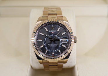 Rolex Sky-Dweller Rose Gold Dark Rhodium Index Dial Fluted Bezel Oyster Bracelet 326935 - Luxury Time NYC