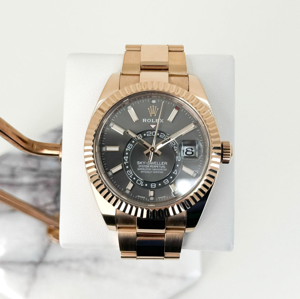 Rolex Sky-Dweller Rose Gold Dark Rhodium Index Dial Fluted Bezel Oyster Bracelet 326935 - Luxury Time NYC