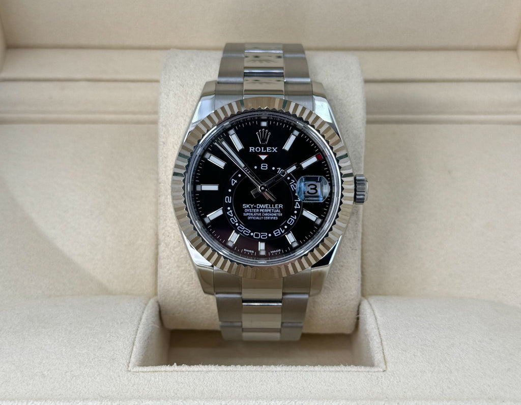 Rolex Sky-Dweller Stainless Steel Black Index Dial Fluted White Gold Bezel Oyster Bracelet 326934 - Luxury Time NYC
