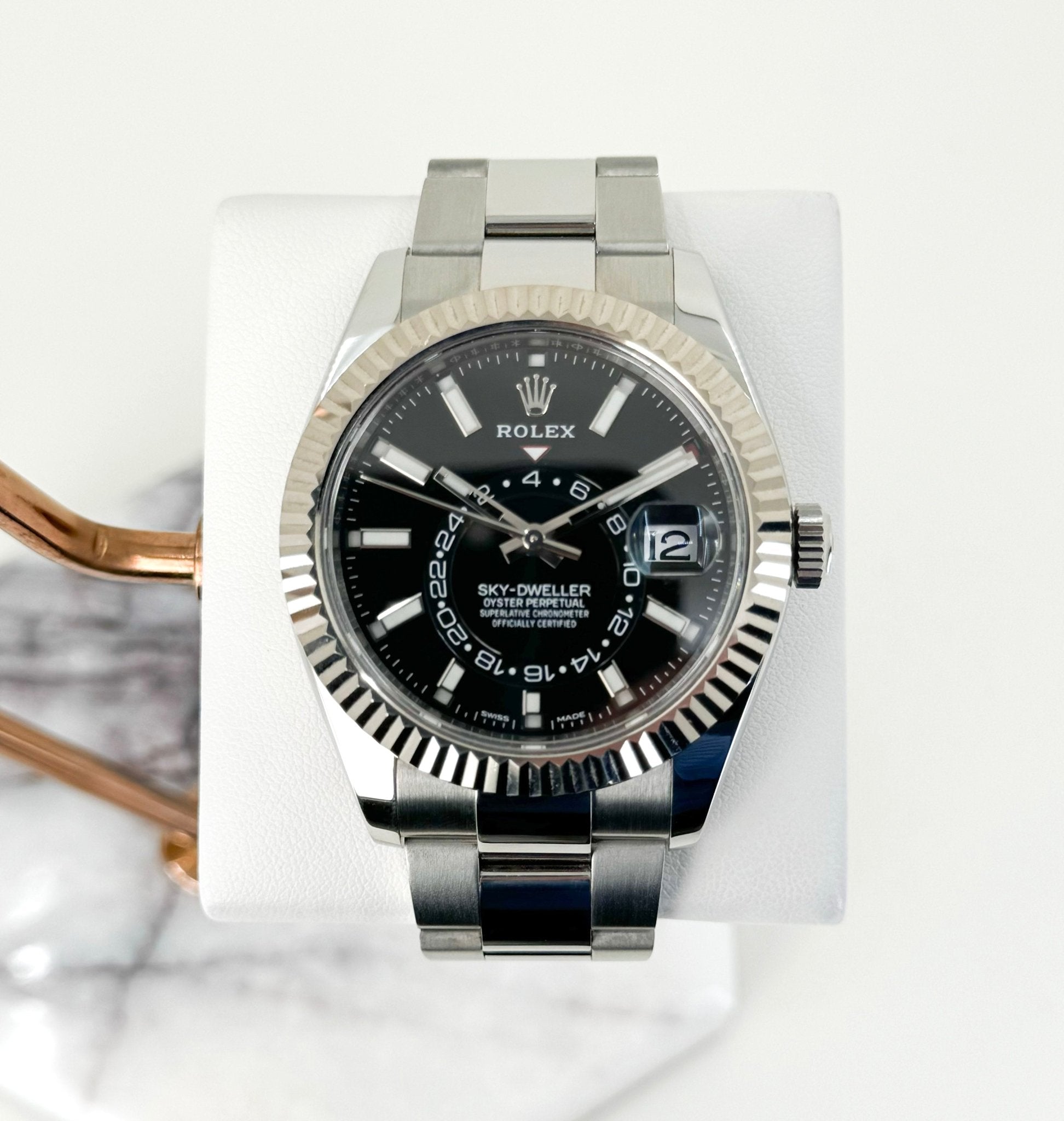 Rolex Sky-Dweller Stainless Steel Black Index Dial Fluted White Gold Bezel Oyster Bracelet 326934 - Luxury Time NYC