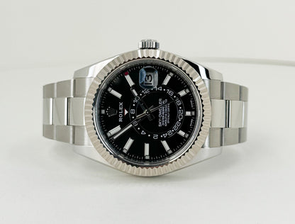 Rolex Sky-Dweller Stainless Steel Black Index Dial Fluted White Gold Bezel Oyster Bracelet 326934 - Luxury Time NYC