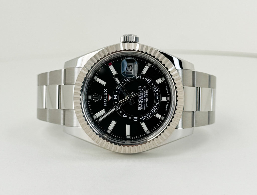 Rolex Sky-Dweller Stainless Steel Black Index Dial Fluted White Gold Bezel Oyster Bracelet 326934 - Luxury Time NYC