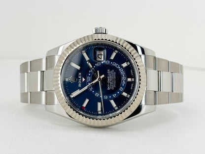 Rolex Sky-Dweller Stainless Steel Blue Index Dial Fluted White Gold Bezel Oyster Bracelet 326934 - Luxury Time NYC