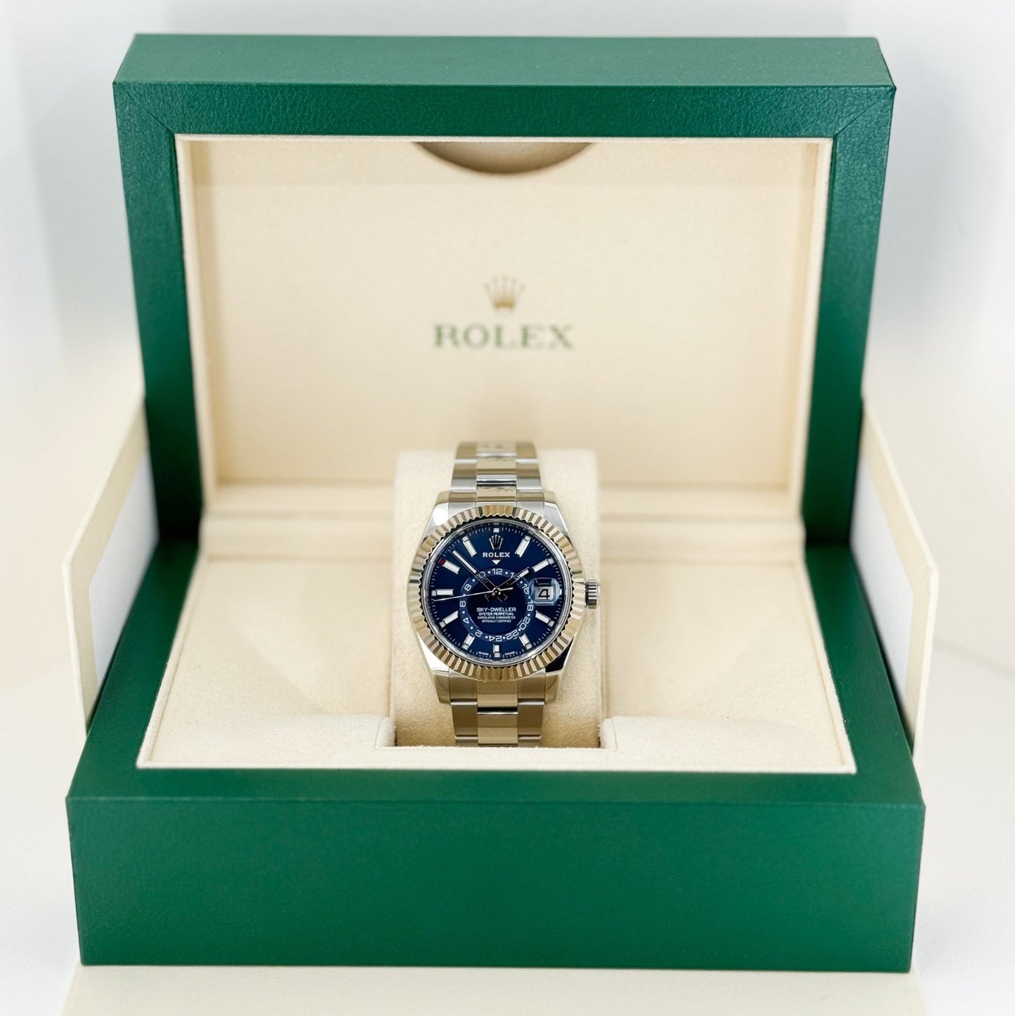 Rolex Sky-Dweller Stainless Steel Blue Index Dial Fluted White Gold Bezel Oyster Bracelet 326934 - Luxury Time NYC