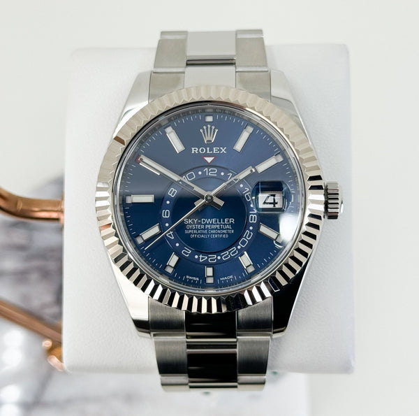 Rolex Sky Dweller Stainless Steel Blue Index Dial Fluted White