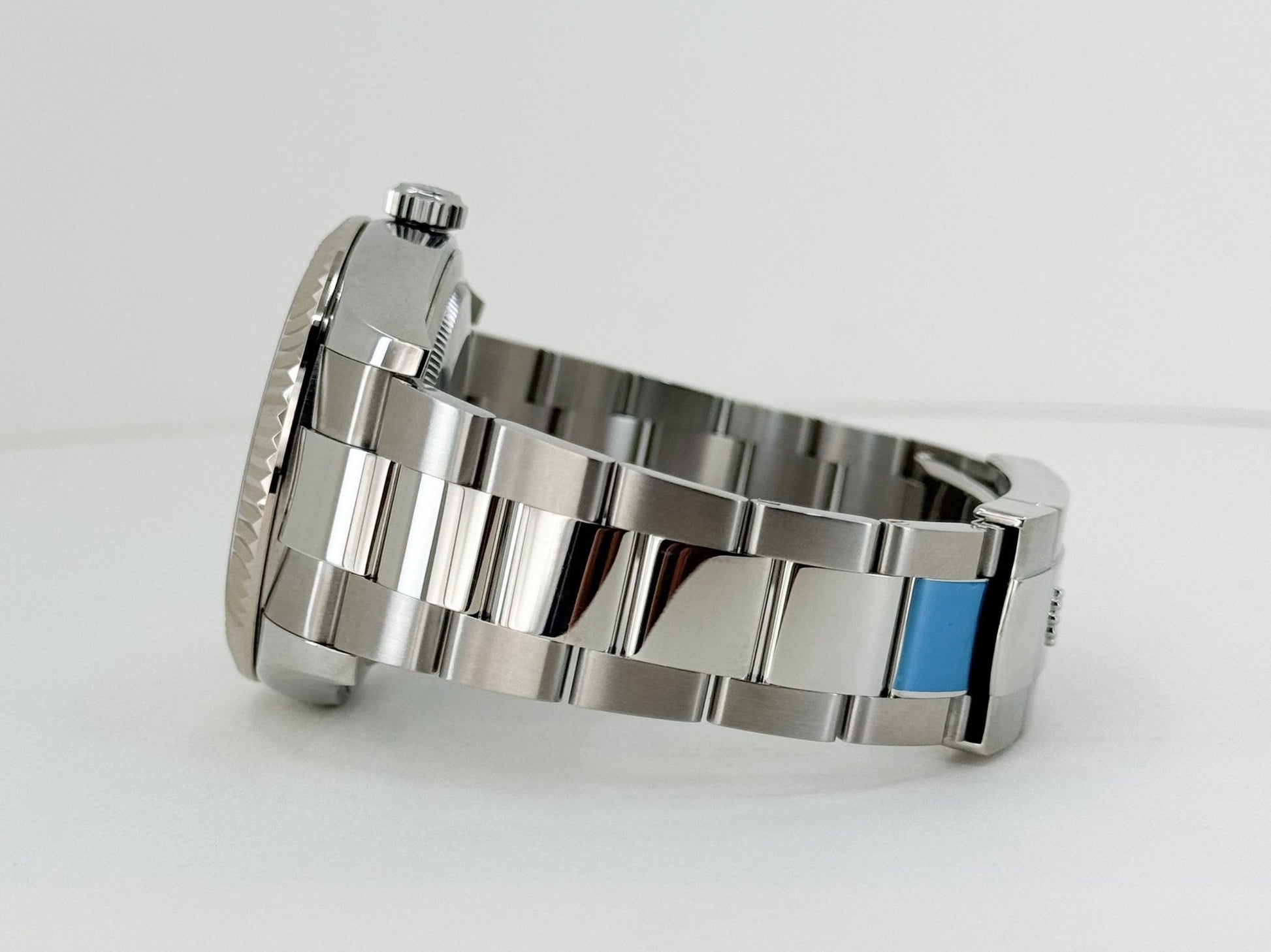 Rolex Sky-Dweller Stainless Steel Blue Index Dial Fluted White Gold Bezel Oyster Bracelet 326934 - Luxury Time NYC