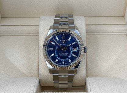 Rolex Sky-Dweller Stainless Steel Blue Index Dial Fluted White Gold Bezel Oyster Bracelet 326934 - Luxury Time NYC